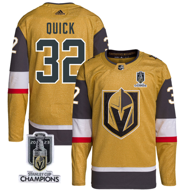 Men's Vegas Golden Knights #32 Jonathan Quick Gold 2023 Stanley Cup Champions Stitched Jersey